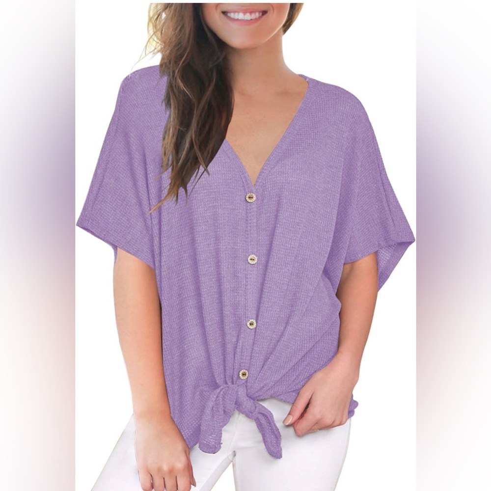 MIHOLL Womens Loose Blouse Short Sleeve V Neck Button Down Tie Front Knot Casual